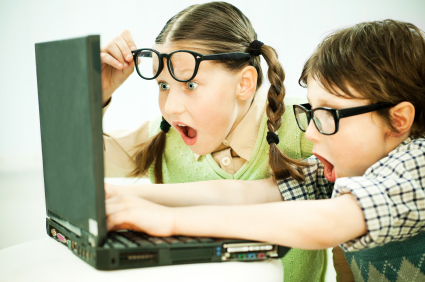 Kids surprised at computer